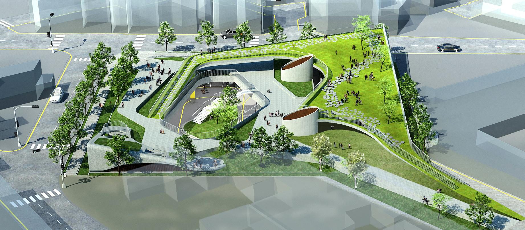 三重力行停車場地景式屋頂公園模擬圖
