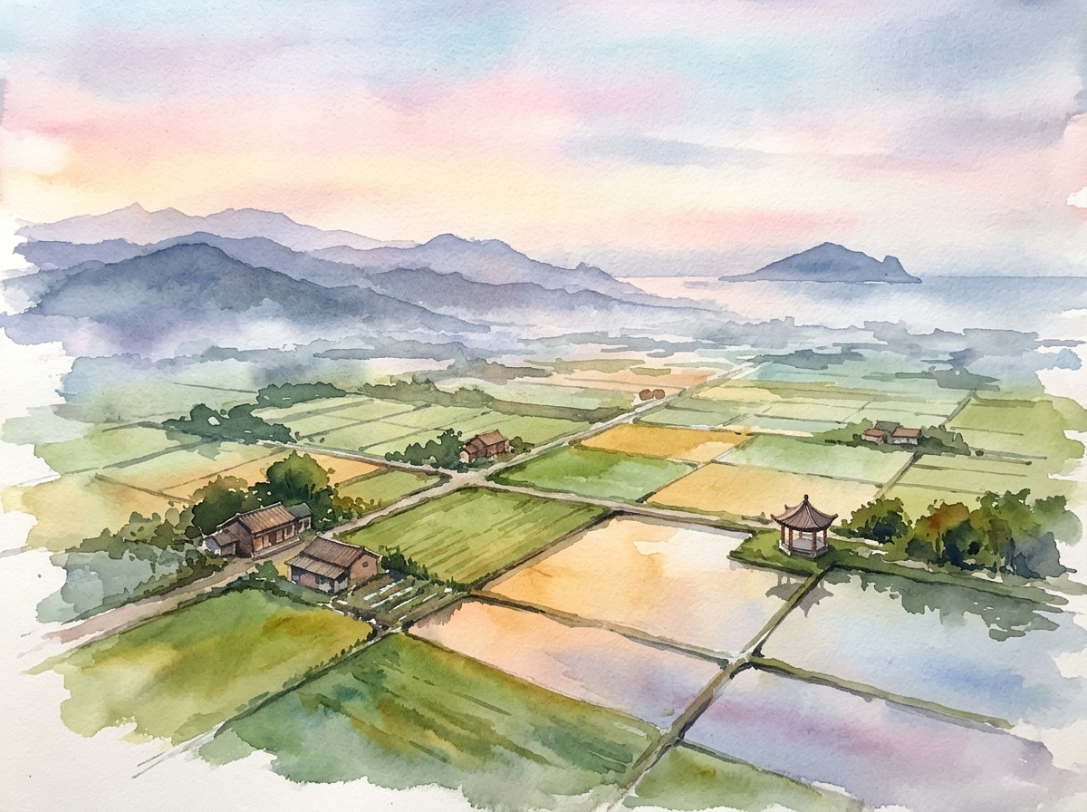 蘭陽平原日出水彩渲染圖